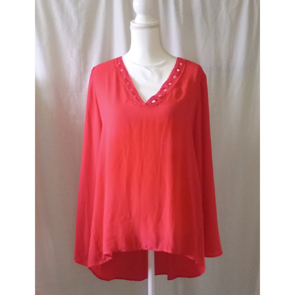 Signature Studio Soft Life Womens Large Coral Red  Eyelet  High-Low Blouse Top